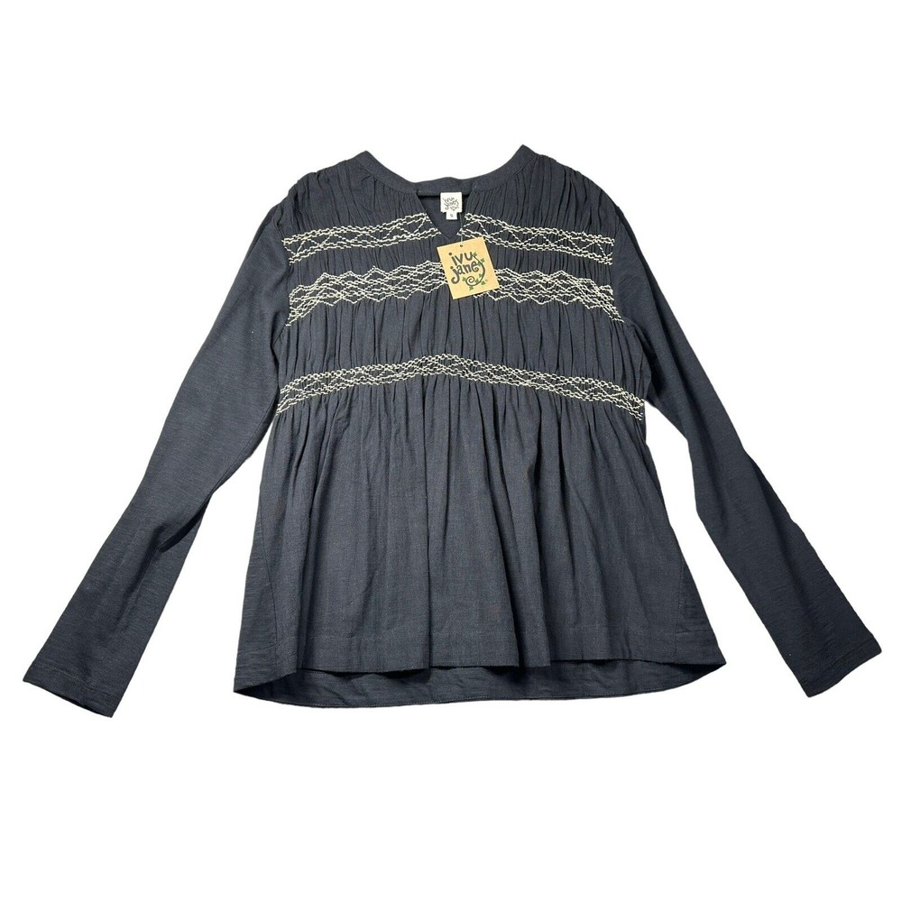 NWT Ivy Jane Small Smocked Black Top Blouse Long Sleeve Boho Hippie